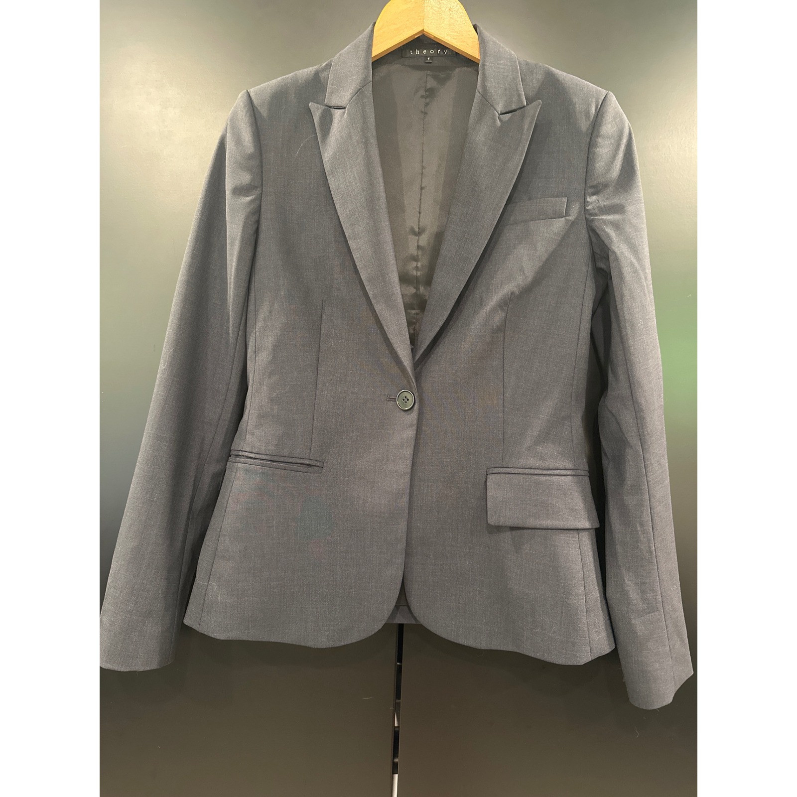 Theory Womens Single Button Wool Blend Blazer Charcoal Gray Size 4 Made In Usa